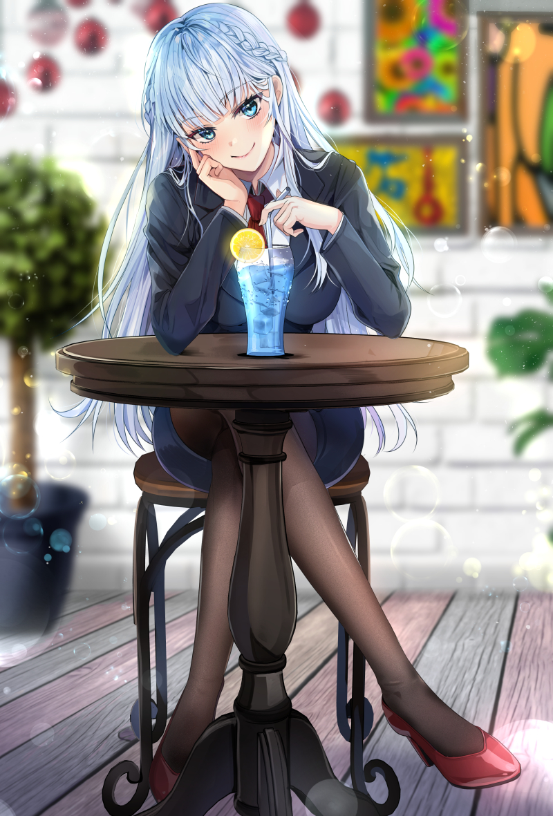 1girl bangs black_legwear blue_eyes blue_hair blush braid breasts cardigan chocho_(homelessfox) commentary_request crossed_legs cup drinking_glass drinking_straw eyebrows_visible_through_hair food fruit high_heels ice ice_cube korean_commentary lemon lemon_slice long_hair looking_at_viewer necktie original pantyhose pencil_skirt plant potted_plant red_footwear sitting skirt smile solo