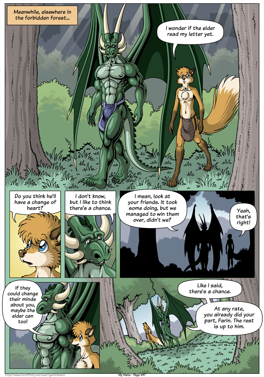 4_toes 5_fingers 5_toes 7:10 anthro barefoot biped blue_eyes brown_nose canid canine cheek_tuft chest_tuft claws clothed clothing comic day dialogue digital_media_(artwork) digitigrade dragon duo english_text facial_tuft farin finger_claws fingers forest fox fur geminisaint green_body half_naked head_tuft hi_res horn light_ray loincloth male mammal membrane_(anatomy) membranous_wings multicolored_body muscular muscular_male navel nipples open_mouth paws plant plantigrade scalie sekk'ral shrub silhouette size_difference snout speech_bubble spines tan_body tan_fur teeth text toe_claws toes topless tree tuft two_tone_body walking wing_claws wings