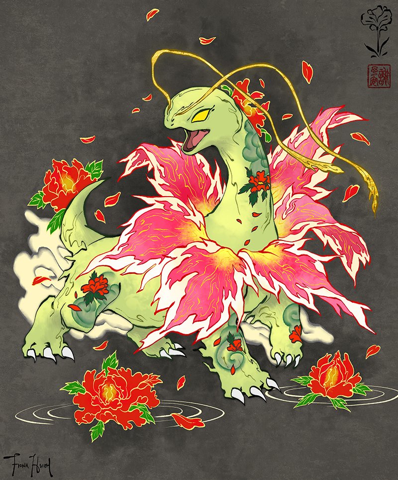 claws commentary english_commentary fiona_hsieh flower full_body gen_2_pokemon looking_back meganium no_humans open_mouth petals pokemon pokemon_(creature) red_flower ripples signature standing tongue yellow_eyes