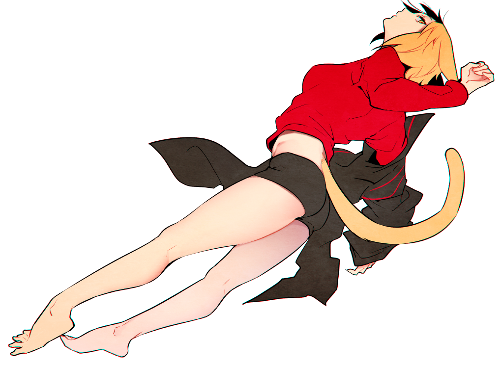 1girl alpha_signature animal_ears bangs black_jacket black_shorts blonde_hair breasts commentary_request from_above from_side full_body genderswap genderswap_(mtf) izumi_kouhei jacket long_sleeves looking_at_viewer lying parted_lips pepper_fever red_shirt shirt short_hair short_shorts shorts simple_background solo sweatshirt tail white_background world_trigger yellow_eyes