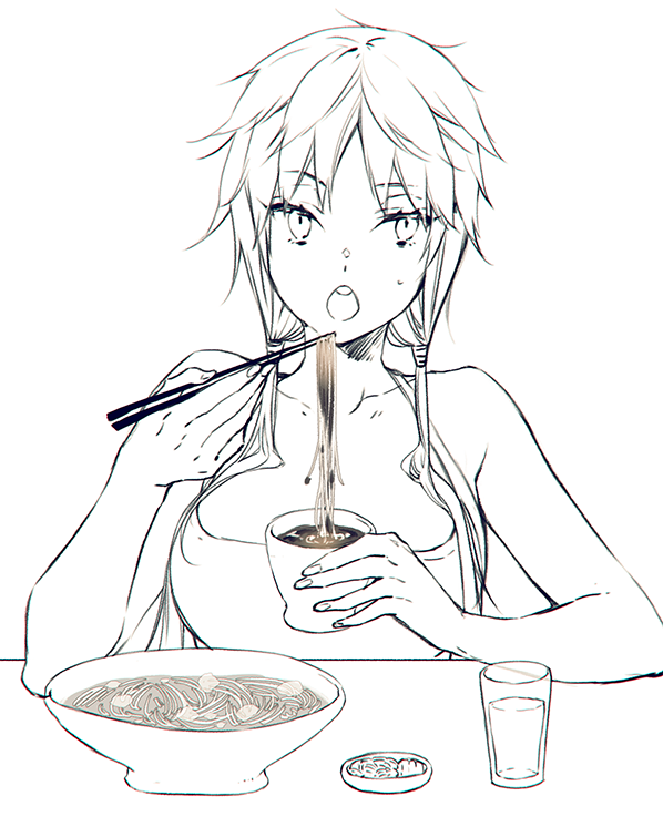 1girl alpha_signature bangs bare_shoulders bowl chopsticks collarbone commentary_request cup eating eyebrows_visible_through_hair facing_viewer food genderswap genderswap_(mtf) glass greyscale hair_ornament holding holding_chopsticks holding_food izumi_kouhei long_hair looking_at_viewer low_twintails monochrome noodles open_mouth pepper_fever simple_background sitting sleeveless solo twintails upper_body water white_background world_trigger