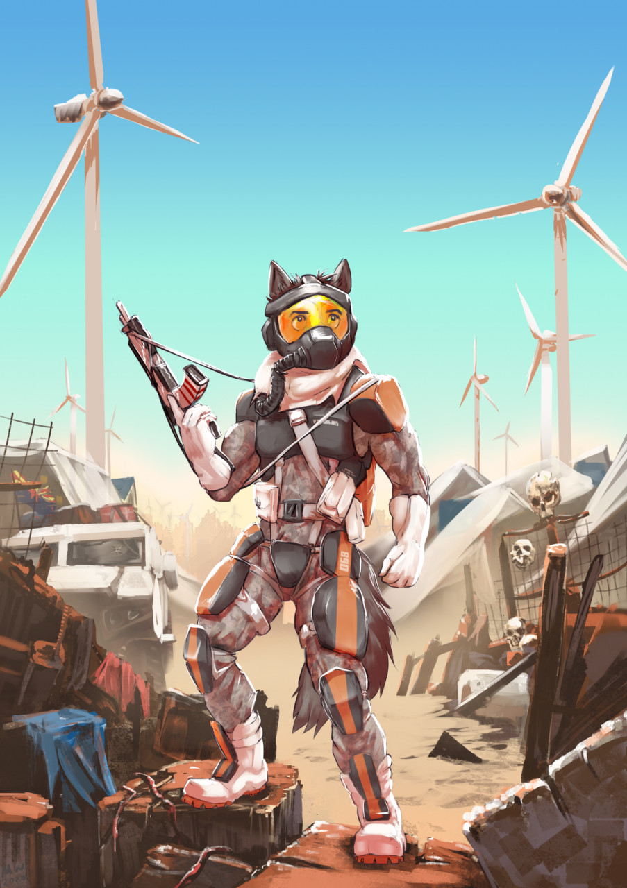 anthro armor automatic_weapon bandolier belt body_armor bone boots breastplate canid canine canis clothing fabric footwear gas_mask gloves gun handwear harness headgear helmet hi_res junkyard knee_pads male mammal marsonaut mask ranged_weapon rust sand satchel science_fiction shoulder_pads skull soldier solo straps suit tents truck vehicle visor warrior weapon wind_turbine windmill wolf