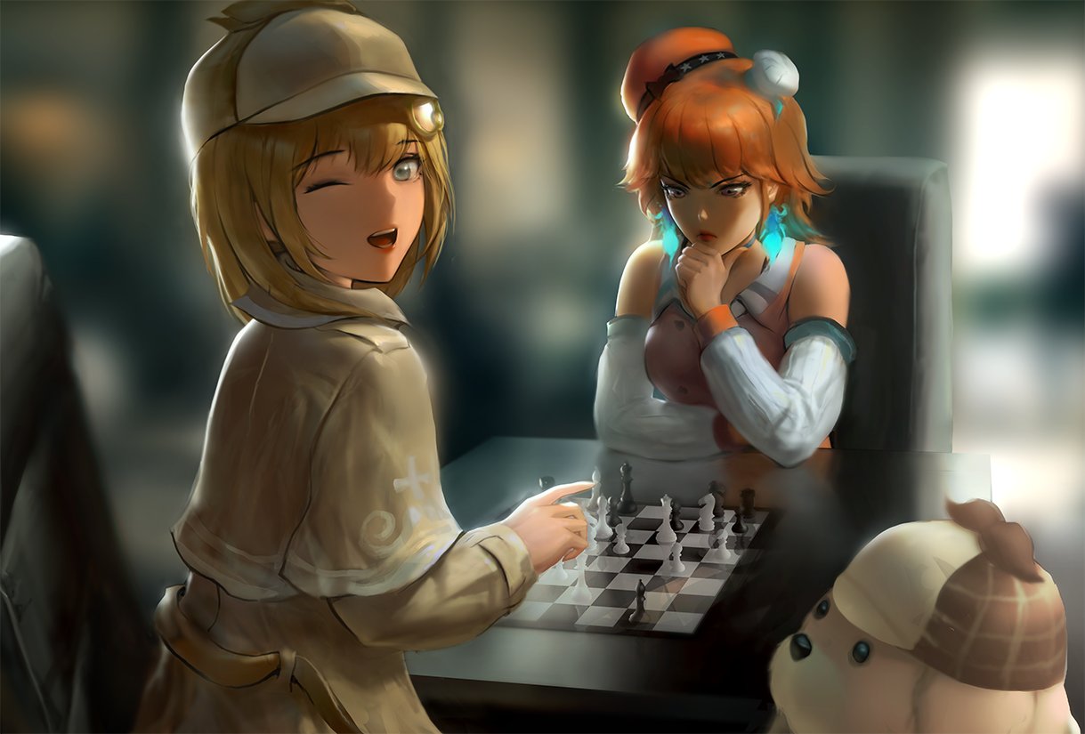 2girls board_game breasts bubba_(watson_amelia) capelet chef_hat chess chessboard deerstalker detached_sleeves dog eyebrows_visible_through_hair grey_eyes hat hololive hololive_english infi looking_down medium_breasts medium_hair multiple_girls one_eye_closed orange_hair purple_eyes smile takanashi_kiara thinking v-shaped_eyebrows virtual_youtuber watson_amelia