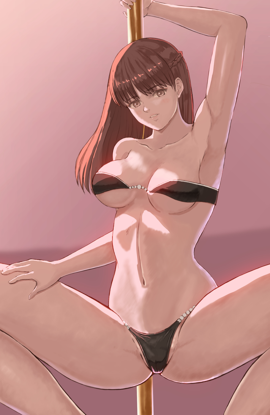 1girl arm_up armpits bangs bare_arms bare_shoulders bikini black_bikini braid breasts brown_eyes brown_hair collarbone dead_or_alive dead_or_alive_xtreme eyebrows_visible_through_hair hand_on_own_thigh highres lei_fang light_blush long_hair looking_at_viewer medium_breasts navel pink_background pole pole_dancing popo_agaga solo spread_legs squatting strapless strapless_bikini stripper_pole swimsuit