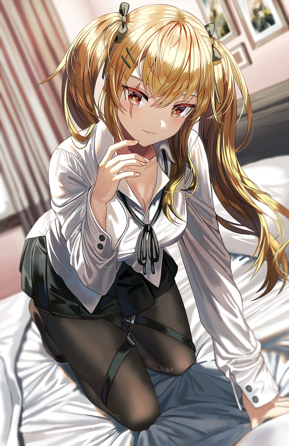 1girl bangs bed bed_sheet black_bow black_legwear black_ribbon black_skirt bow breasts brown_eyes brown_hair cleavage collarbone curtains dress_shirt frame girls_frontline hair_bow hair_ornament hairclip highres indoors long_hair long_sleeves looking_at_viewer medium_breasts neck_ribbon on_bed pantyhose photo_(object) pillow pleated_skirt ribbon scar scar_across_eye shirt silence_girl skirt smile solo twintails ump9_(girls_frontline) white_shirt