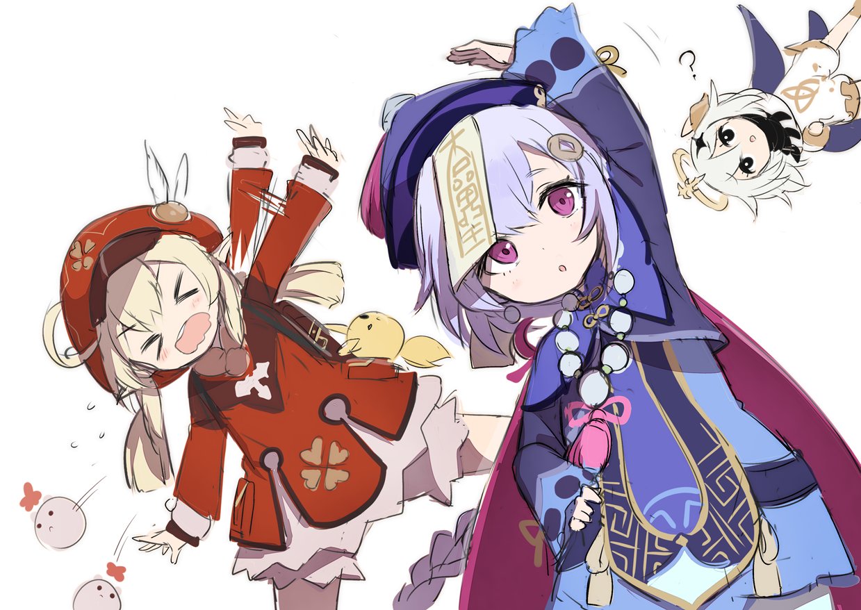 &gt;_&lt; 3girls :o ? ahoge arm_up backpack bag bangs bead_necklace beads black_eyes blonde_hair charm_(object) chinese_clothes clover dress feathers flying_sweatdrops four-leaf_clover genshin_impact gochou_(atemonai_heya) hair_ornament hat hat_feather jewelry jiangshi klee_(genshin_impact) long_hair multiple_girls necklace ofuda open_mouth paimon_(genshin_impact) pointy_ears purple_eyes purple_headwear qing_guanmao qiqi red_dress red_headwear scarf simple_background stretch white_background white_dress white_hair