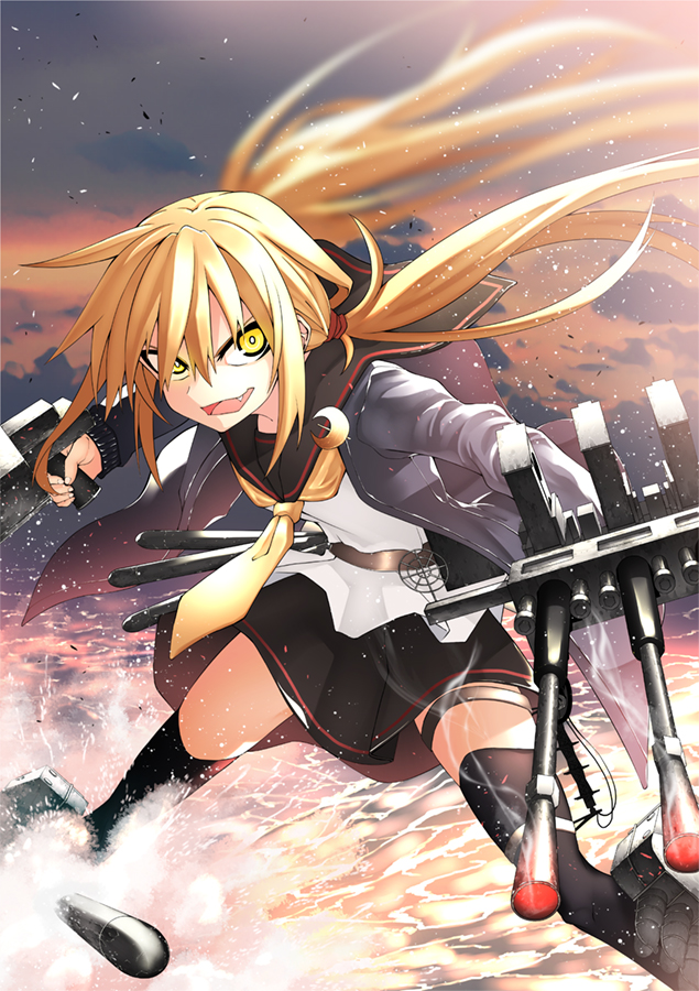 1girl akaneharu_ohkami bangs black_sailor_collar black_skirt blonde_hair cloud crescent crescent_moon_pin fang hair_between_eyes holding jacket kantai_collection long_hair long_sleeves low_twintails open_mouth outdoors pleated_skirt remodel_(kantai_collection) rigging sailor_collar satsuki_(kantai_collection) school_uniform serafuku skirt sky solo thigh_strap thighhighs torpedo twintails water yellow_eyes yellow_neckwear