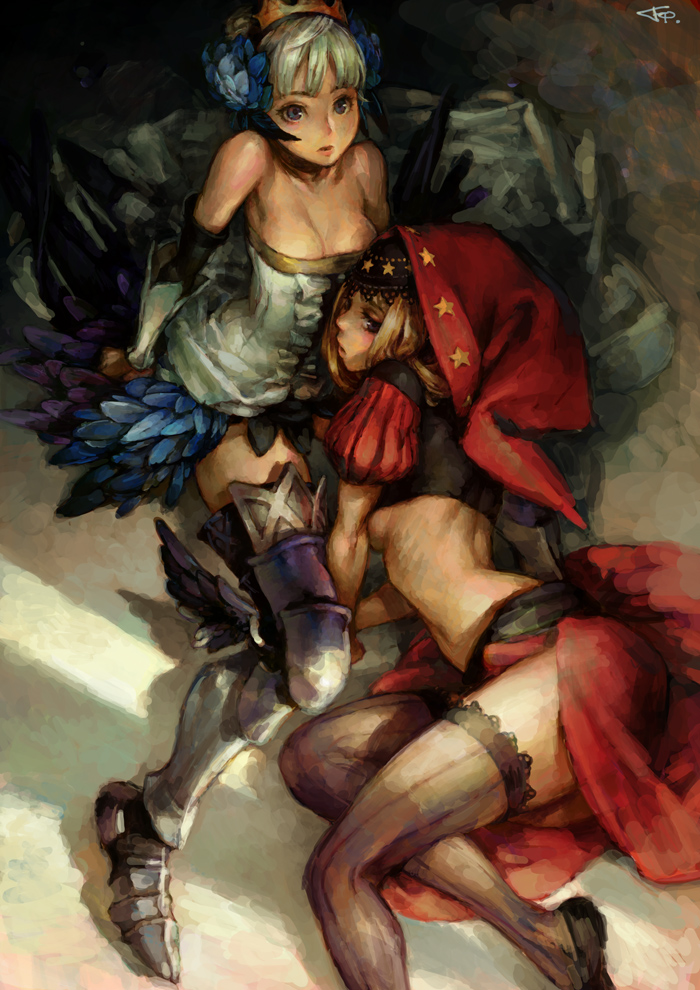 armor armored_dress breasts cleavage crown dress fcp gwendolyn hat large_breasts midriff multiple_girls odin_sphere siblings sisters strapless strapless_dress thighhighs underboob velvet_(odin_sphere)