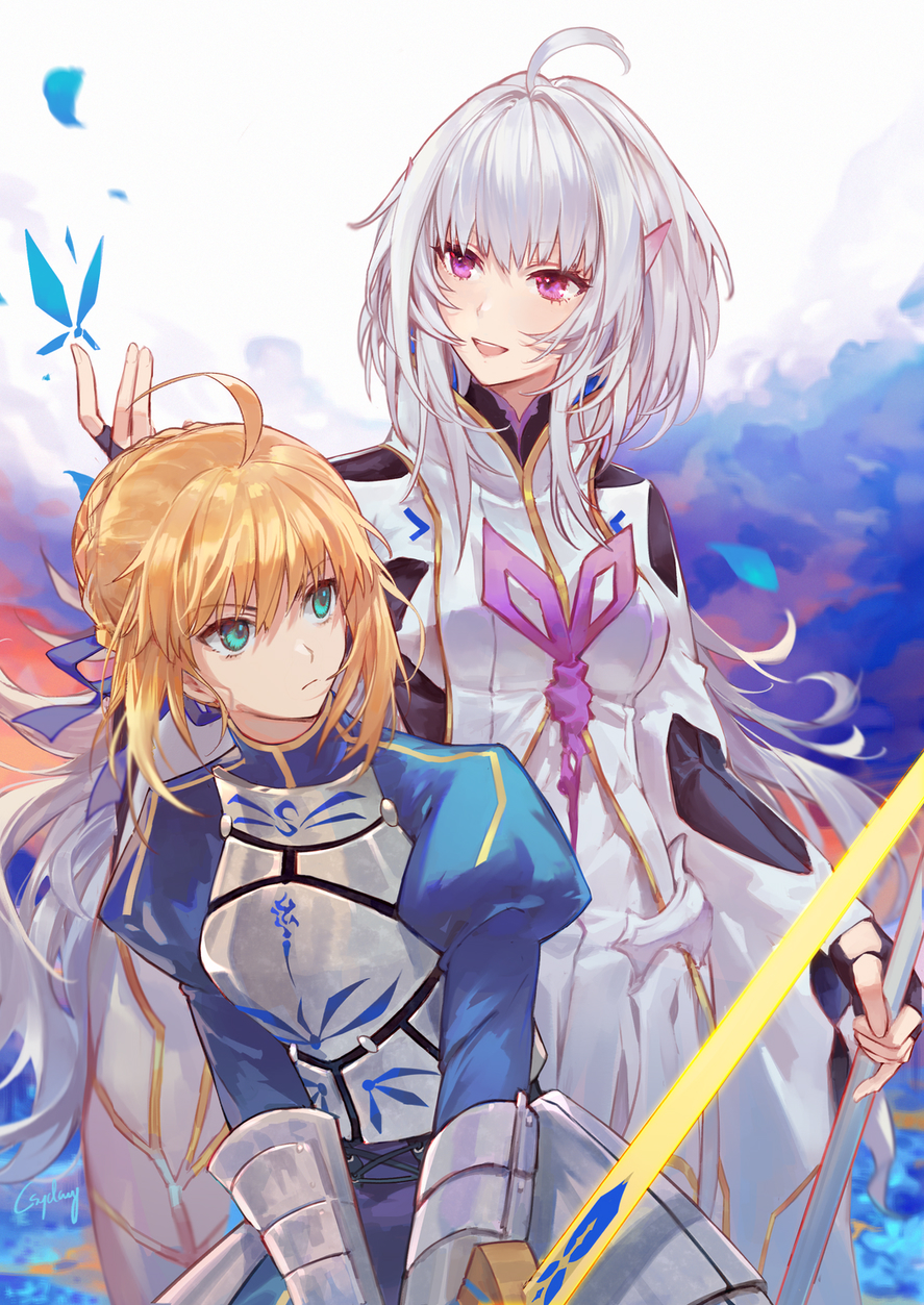 2girls ahoge armor armored_dress artoria_pendragon_(all) bangs black_gloves blonde_hair blue_dress breastplate closed_mouth commentary csyday dress excalibur eyebrows_visible_through_hair fate/grand_order fate/grand_order_arcade fate/prototype fate/stay_night fate_(series) faulds fingerless_gloves gauntlets gloves green_eyes hand_up highres holding holding_staff holding_sword holding_weapon kawasumi_ayako long_hair long_sleeves looking_away merlin_(fate/prototype) multiple_girls open_mouth purple_eyes robe saber seiyuu_connection short_hair smile staff sword upper_body weapon white_hair white_robe