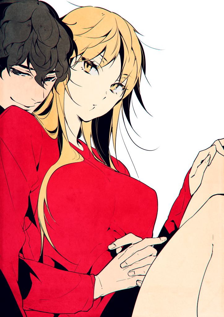 1boy 1girl alpha_signature bangs black_eyes blonde_hair breasts closed_mouth commentary_request couple eyebrows_visible_through_hair genderswap genderswap_(mtf) hair_between_eyes hands_together hetero hug hug_from_behind izumi_kouhei large_breasts long_hair long_sleeves looking_at_viewer pepper_fever red_shirt shirt sidelocks simple_background smile tachikawa_kei upper_body white_background world_trigger yellow_eyes