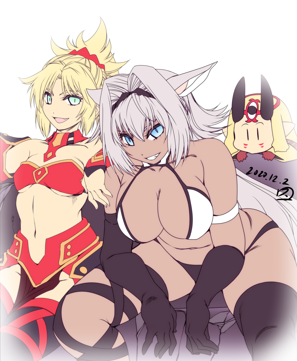 3girls animal_ears bandeau blonde_hair blue_eyes breasts caenis_(fate) chibi cleavage commentary_request dark_skin dated facial_mark fate/grand_order fate_(series) forehead_mark gloves green_eyes hair_ornament hair_scrunchie hairband hand_on_shoulder highres hisahiko horns ibaraki_douji_(fate/grand_order) japanese_clothes kimono large_breasts long_hair long_sleeves looking_at_viewer mordred_(fate) mordred_(fate)_(all) multiple_girls navel oni_horns open_mouth pink_hair pointy_ears ponytail scrunchie short_hair small_breasts smile thighhighs wide_sleeves yellow_kimono