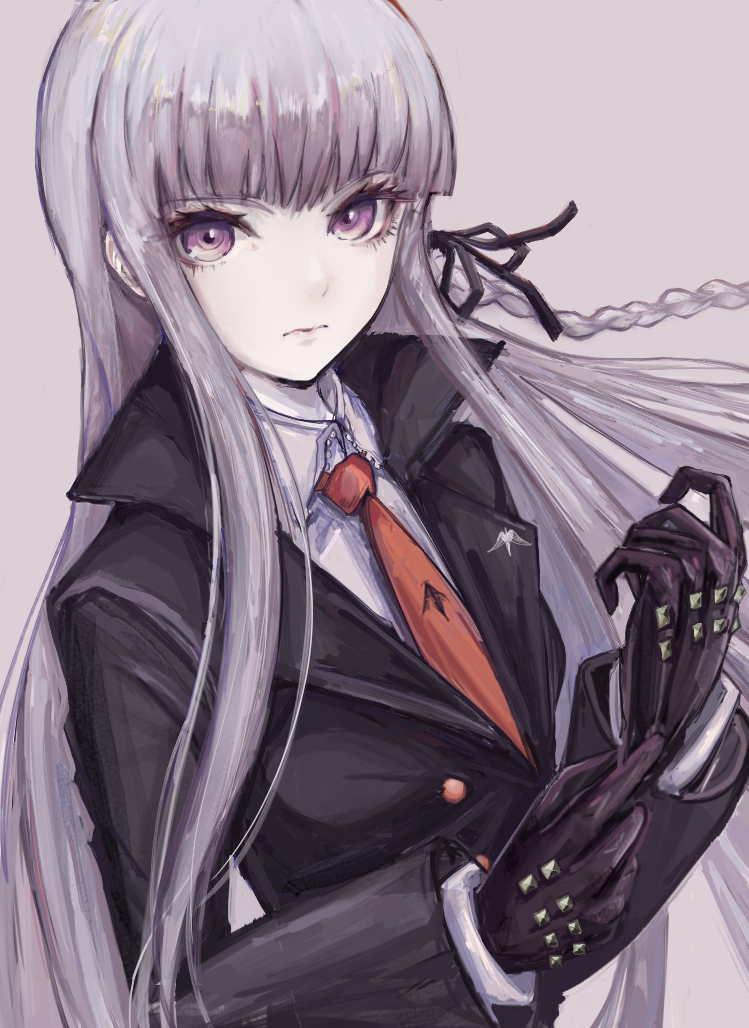 1girl adjusting_clothes adjusting_gloves akitsu_(davis0527dx) bangs black_gloves black_jacket black_ribbon blunt_bangs braid breasts closed_mouth commentary_request danganronpa danganronpa_1 formal gloves hair_ornament hair_ribbon jacket kirigiri_kyouko leather leather_gloves long_hair long_sleeves looking_at_viewer necktie purple_eyes purple_hair ribbon shirt side_braid simple_background single_braid skirt solo upper_body white_shirt