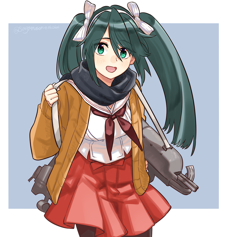 1girl black_scarf brown_jacket brown_legwear brown_neckwear cowboy_shot dark_green_hair detached_sleeves green_eyes gun isuzu_(kantai_collection) jacket kantai_collection long_hair neckerchief pantyhose pleated_skirt red_skirt rifle sagamiso sailor_collar scarf school_uniform serafuku skirt solo twintails weapon white_sailor_collar