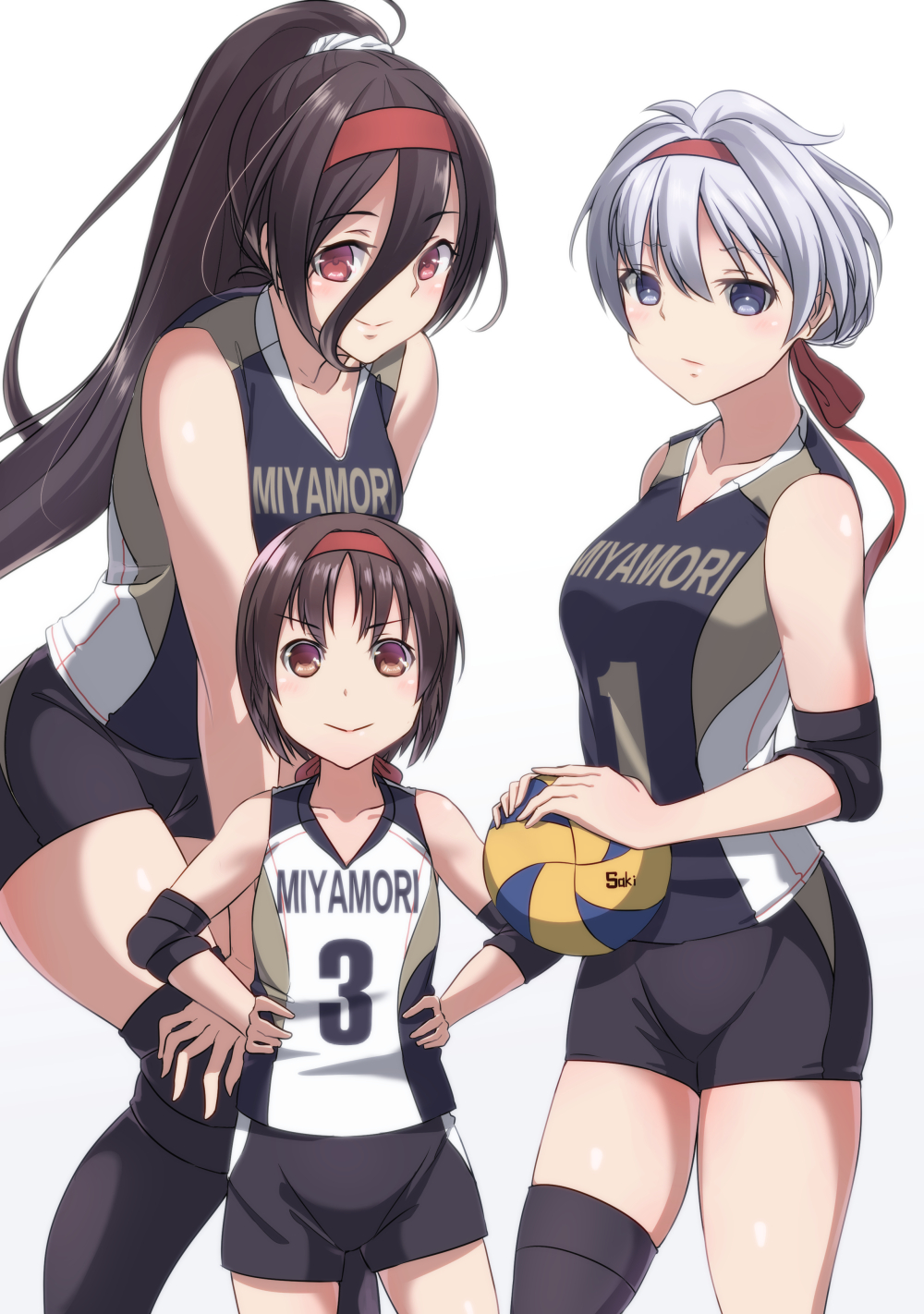 anetai_toyone black_hair black_legwear blue_eyes brown_hair elbow_pads hair_between_eyes hands_on_hips hands_on_own_knees headband height_difference highres kakura_kurumi kosegawa_shiromi leaning_forward long_hair long_legs looking_at_viewer multiple_girls ponytail red_eyes red_headband saki short_hair shorts sleeveless sportswear tall_female thighhighs thighs volleyball white_background white_hair yamaori_(yamaorimon)