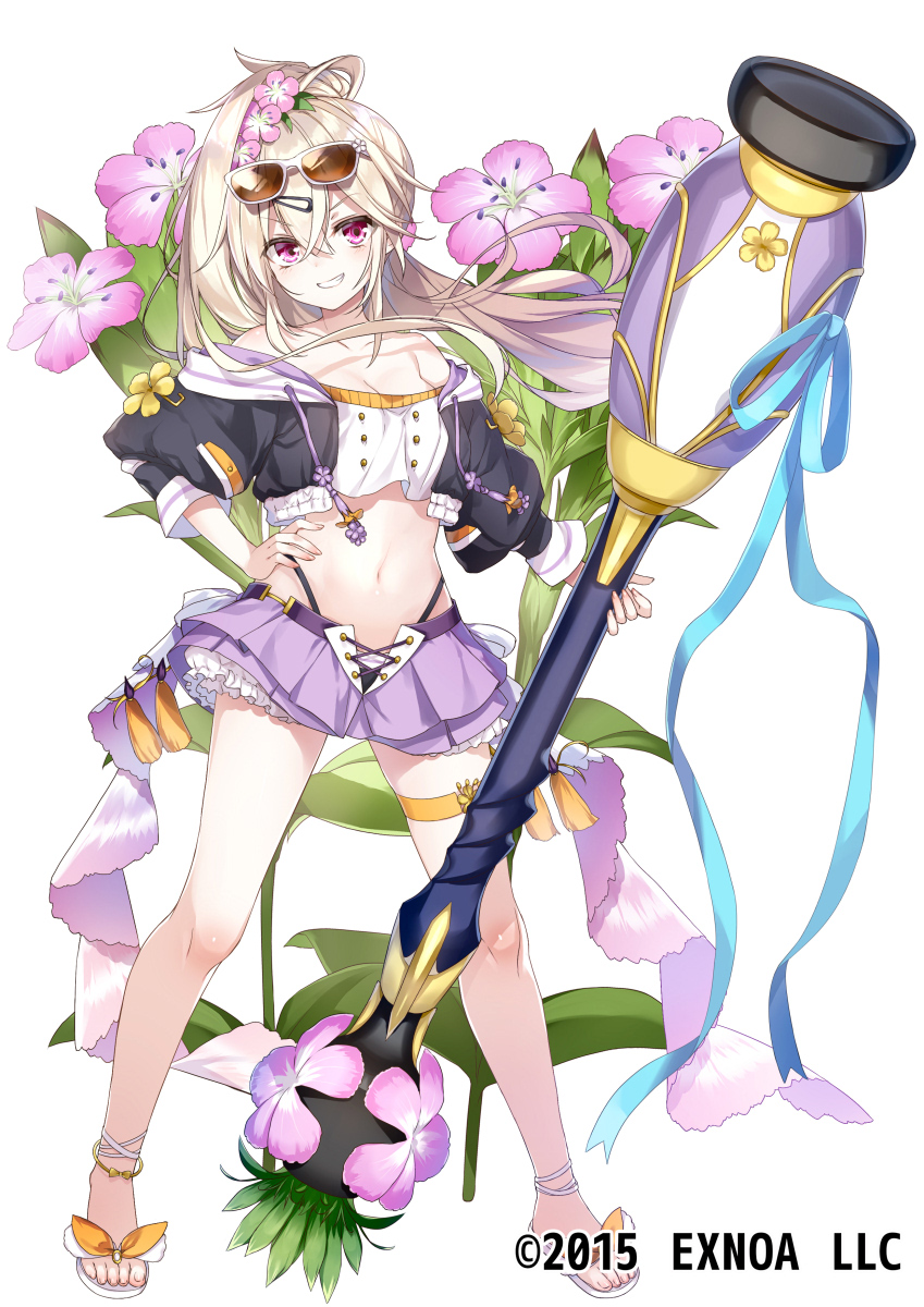 1girl bare_legs bare_shoulders black_jacket blonde_hair bloomers breasts character_request cleavage collarbone crop_top crop_top_overhang cropped_jacket drawstring emia_(castilla) eyewear_on_head flower flower_knight_girl full_body grin hair_flower hair_ornament hairclip hand_on_hip high_ponytail highleg highres holding jacket long_hair looking_at_viewer medium_breasts midriff miniskirt navel off-shoulder_shirt off_shoulder official_art open_clothes open_jacket pink_flower ponytail purple_skirt sandals shirt sidelocks simple_background skirt smile solo standing stomach sunglasses thigh_strap thighs underwear v-shaped_eyebrows watermark white_background white_bloomers white_shirt
