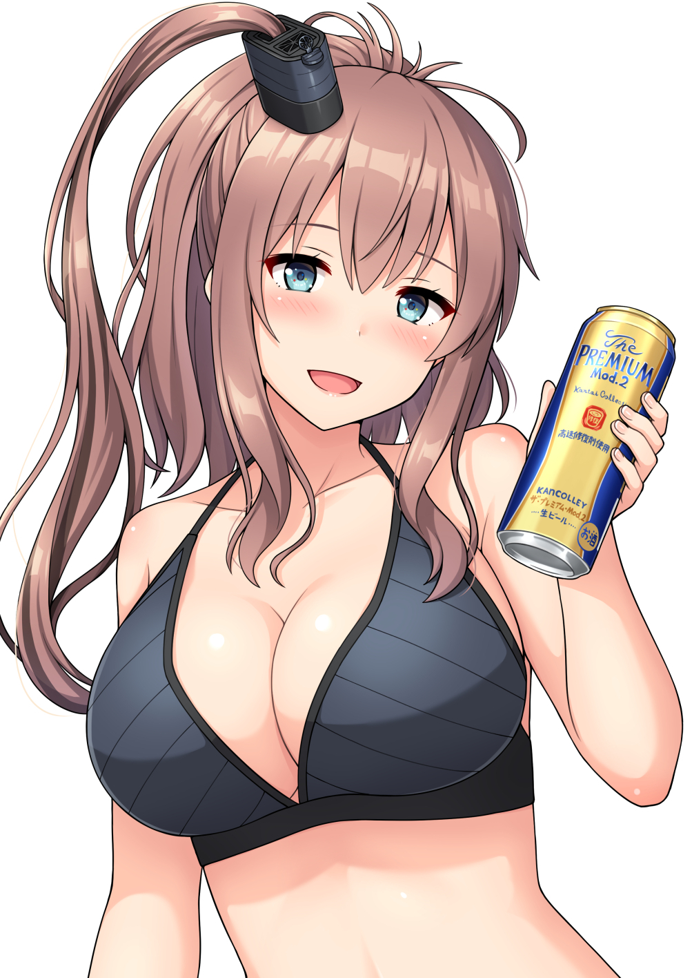 1girl :d bare_arms bare_shoulders bikini black_bikini blue_eyes breasts brown_hair can cleavage collarbone cup hair_ornament halter_top halterneck highres holding holding_cup kantai_collection large_breasts long_hair looking_at_viewer nakamura_sumikage one_side_up open_mouth ponytail remodel_(kantai_collection) saratoga_(kantai_collection) simple_background smile solo stomach swimsuit white_background