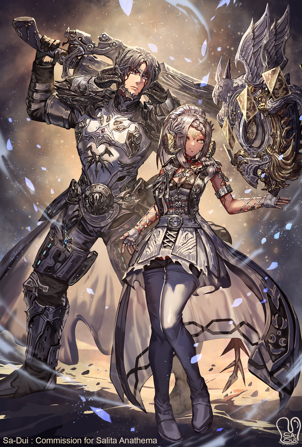 1boy 1girl armor artist_logo artist_name astrologian_(final_fantasy) au_ra bangs behind_another black_horns boots braid breastplate breasts cleavage closed_mouth commentary commission dark_skin dark_skinned_female dragon_boy dragon_girl dragon_horns dragon_tail english_commentary english_text feathers fictional_persona final_fantasy final_fantasy_xiv fingerless_gloves full_body gloves grey_hair gunbreaker_(final_fantasy) hair_over_one_eye height_difference highres holding holding_sword holding_weapon horns jewelry knees_together_feet_apart looking_at_viewer mask one_eye_covered parted_bangs pauldrons sa-dui scales shoulder_armor smile standing sword tail thigh_boots thighhighs weapon wings yellow_eyes