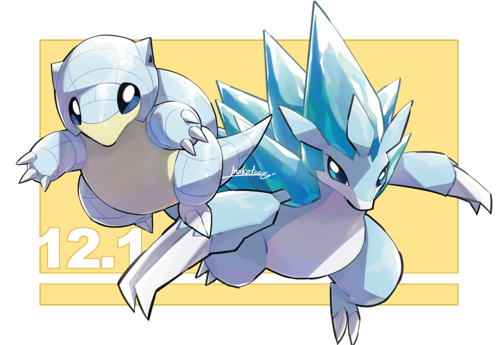 alolan_form alolan_sandshrew alolan_sandslash blue_eyes claws commentary_request gen_7_pokemon looking_at_viewer makoto_ikemu no_humans number outstretched_arms pokemon pokemon_(creature) signature two-tone_background