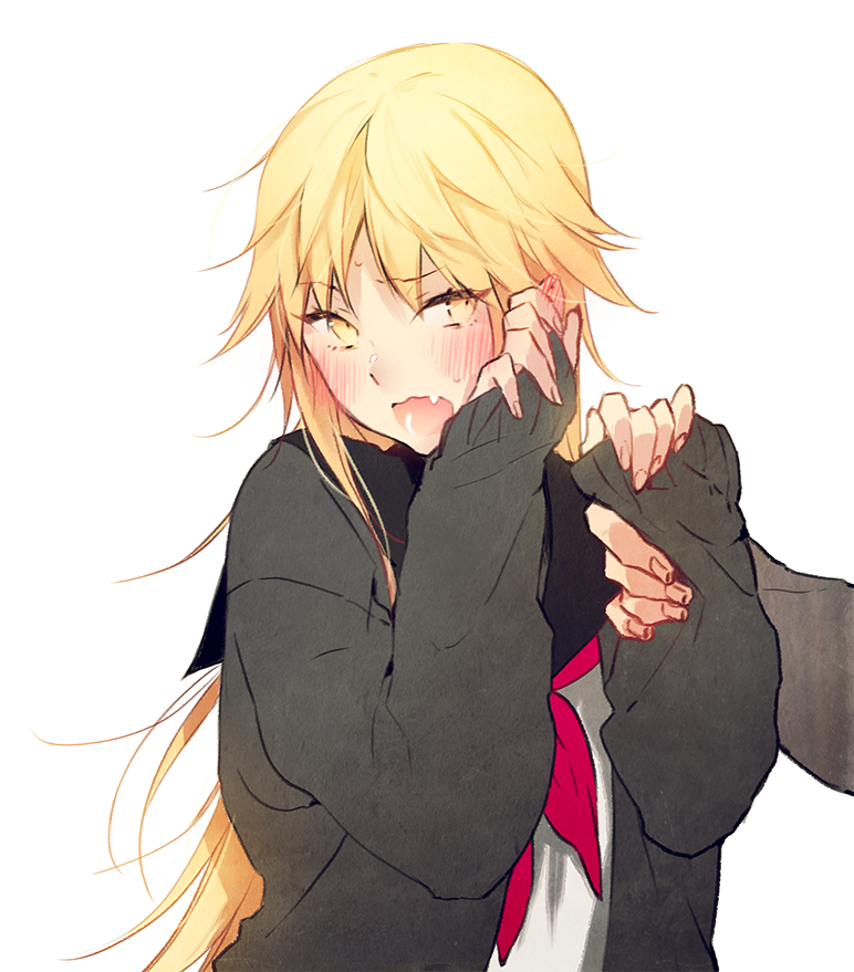 1girl alpha_signature alternate_costume arms_up bangs black_sailor_collar blonde_hair blush cardigan commentary_request ear_blush embarrassed eyebrows_visible_through_hair eyes_visible_through_hair fang genderswap genderswap_(mtf) grey_cardigan hair_between_eyes holding holding_another's_arm izumi_kouhei long_hair long_sleeves looking_at_viewer open_mouth pepper_fever pink_neckwear sailor_collar school_uniform serafuku sidelocks signature simple_background sleeves_past_wrists solo upper_body white_background world_trigger yellow_eyes