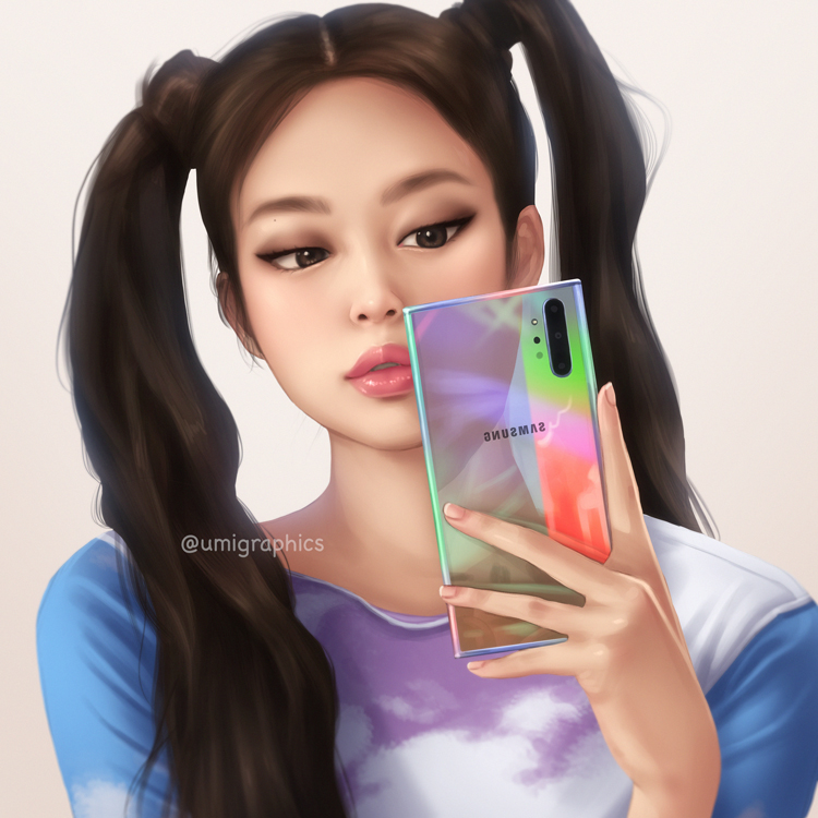 1girl blackpink brown_eyes brown_hair camera_phone facing_viewer jennie_(blackpink) lips long_hair portrait reflection solo twintails umigraphics white_background