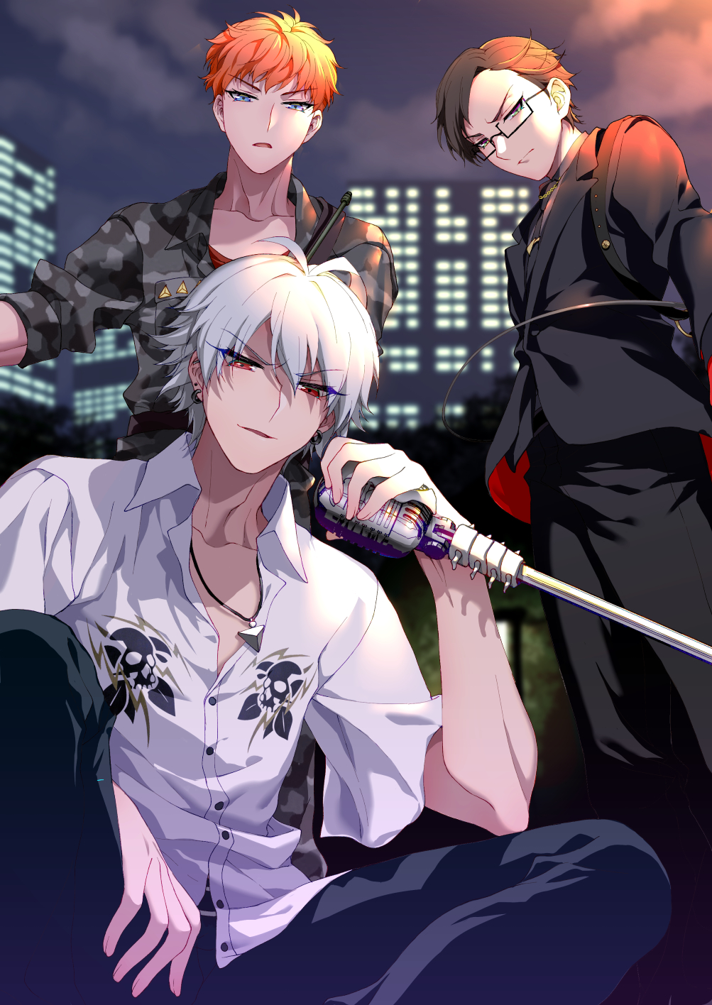 3boys aohitsugi_samatoki black_pants brown_hair building busujima_riou_mason ear_piercing formal glasses highres holding holding_microphone hypnosis_mic iruma_juuto jewelry looking_at_viewer male_focus microphone mikura_(miraclemicro) multiple_boys necklace night orange_hair outdoors pants piercing pocket red_eyes shirt squatting suit white_hair white_shirt