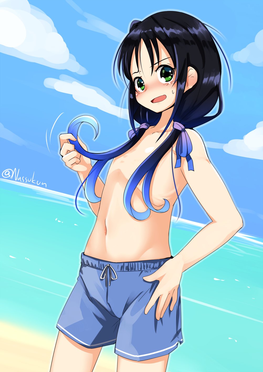 1girl beach black_hair blue_hair blue_shorts blue_sky cloud commentary_request day dutch_angle flat_chest gradient_hair green_eyes hair_over_breasts hair_ribbon highres horizon kantai_collection long_hair low_twintails male_swimwear male_swimwear_challenge multicolored_hair nassukun ocean outdoors ribbon shorts sky solo suzukaze_(kantai_collection) swim_trunks swimwear twintails