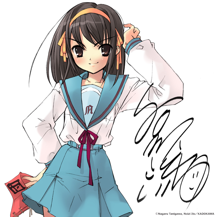 1girl arm_up armband armband_removed artist_name bangs blue_sailor_collar blue_skirt blush brown_hair closed_mouth company_name hairband hand_on_hip holding itou_noiji kita_high_school_uniform long_hair long_sleeves looking_at_viewer official_art orange_hairband red_armband red_ribbon ribbon sailor_collar school_uniform serafuku shirt shirt_tucked_in signature simple_background skirt smile solo standing suzumiya_haruhi suzumiya_haruhi_no_yuuutsu white_background white_shirt