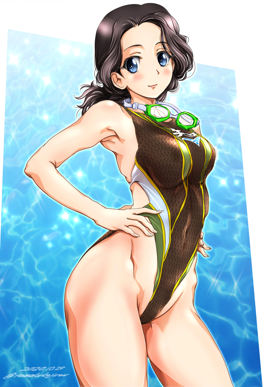 1girl back_cutout black_hair black_swimsuit blue_eyes breasts chi-hatan_(emblem) closed_mouth clothing_cutout commentary competition_swimsuit covered_navel cowboy_shot dated emblem girls_und_panzer goggles goggles_around_neck groin hamada_(girls_und_panzer) hands_on_hips highleg highres looking_at_viewer medium_breasts medium_hair one-piece_swimsuit ponytail skindentation smile solo standing swimsuit tomokoji twitter_username