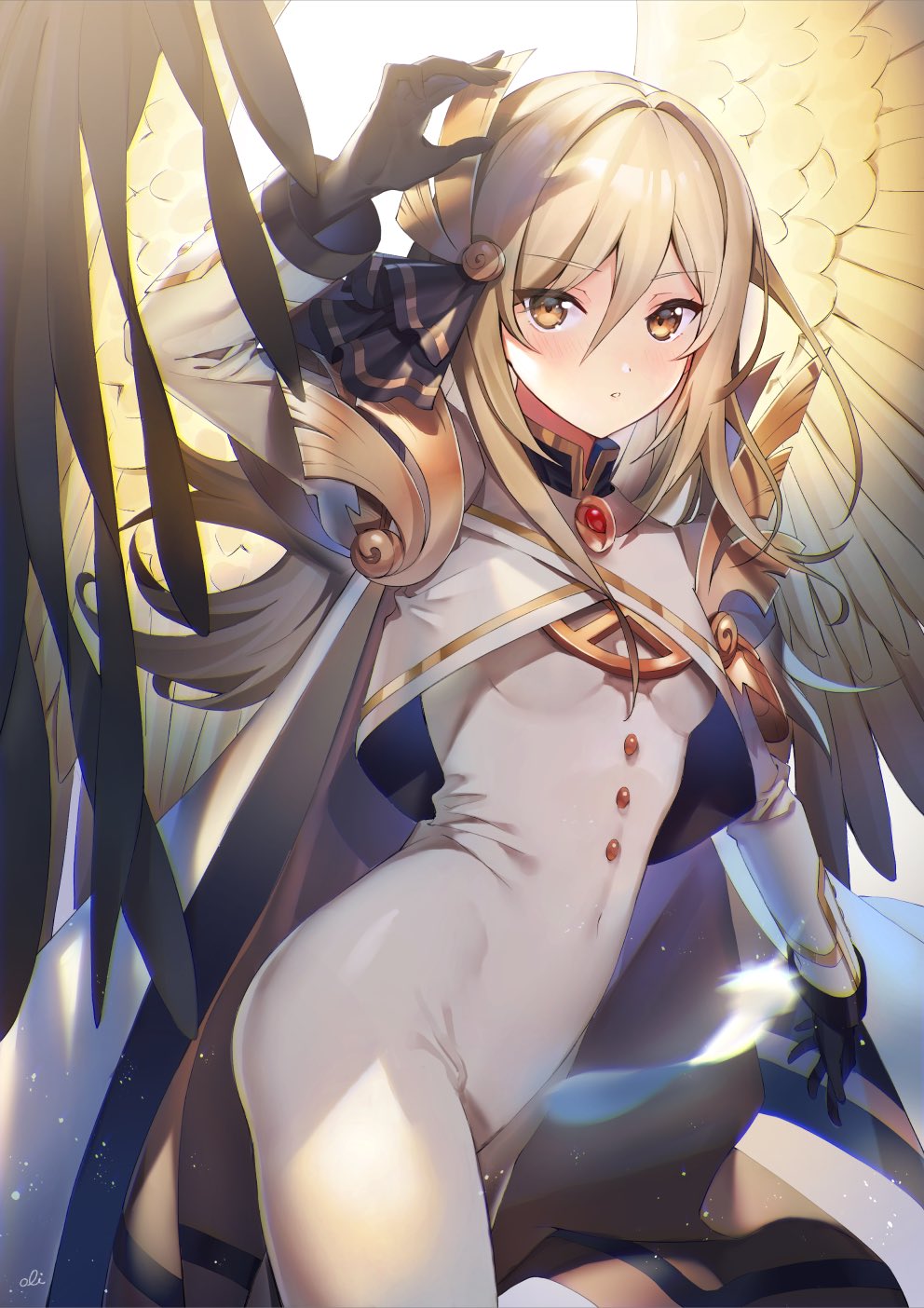 1girl black_gloves blonde_hair bodysuit brown_eyes cape eden_no_tobira feathered_wings feathers gloves hair_between_eyes highres long_hair long_sleeves oli raguel_(eden_no_tobira) solo very_long_hair wings