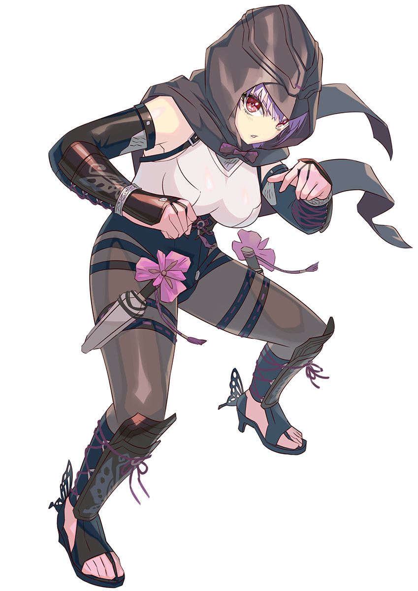 1girl arm_guards armor ayane_(doa) black_legwear bodysuit breasts bug butterfly dead_or_alive dead_or_alive_6 elbow_gloves flower gloves headband highres hood hood_down insect kunai medium_breasts ninja pantyhose petals pink_flower purple_hair red_eyes sandals short_hair solo standing thigh_strap tree weapon yagi2013