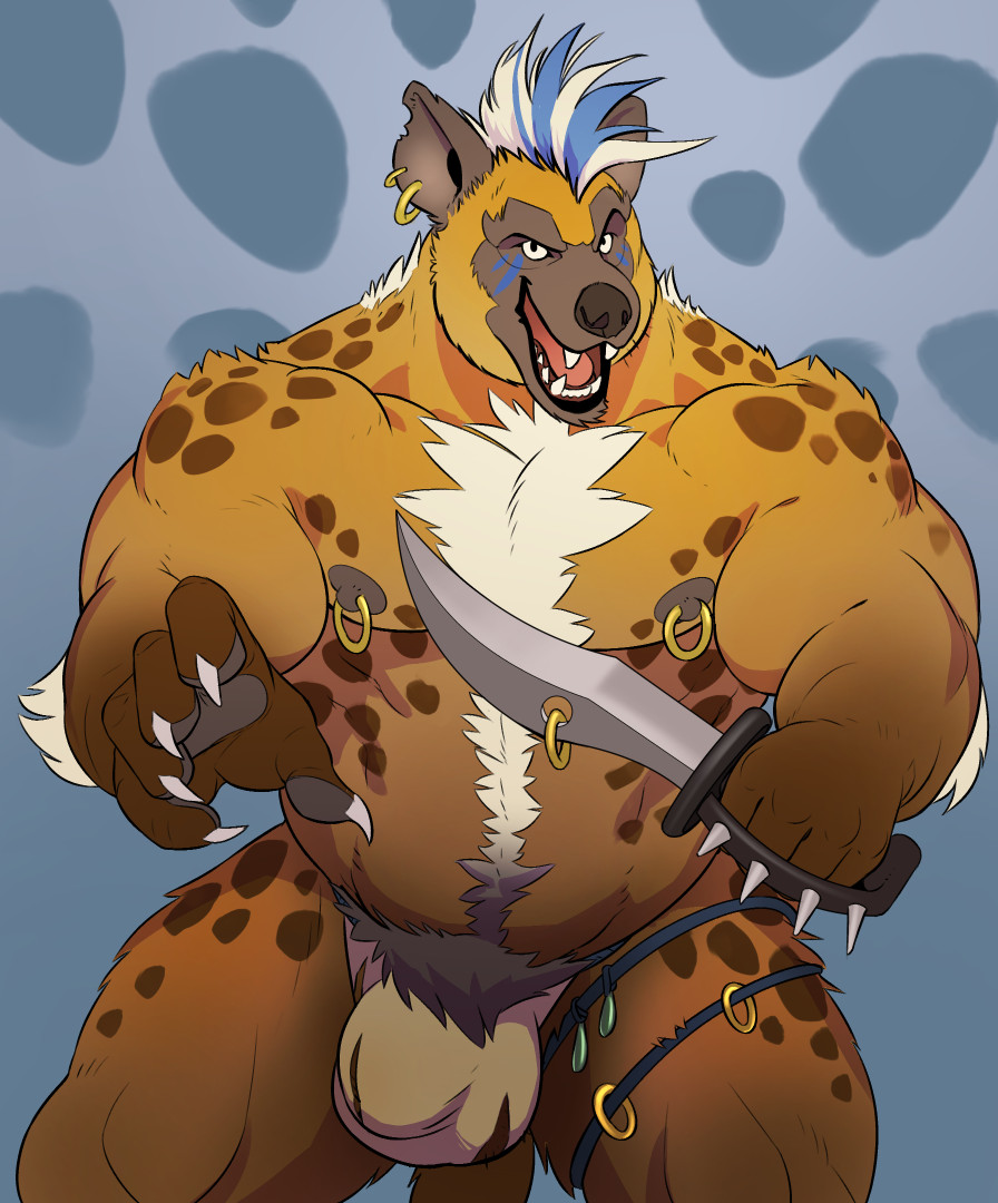alpha0 anthro biped black_nose bodypaint brown_body brown_fur bulge claws face_paint fur gnoll hair hyaenid male mammal melee_weapon mohawk_(disambiguation) multicolored_hair nipple_piercing nipples piercing pubes solo spots spotted_body spotted_fur sword weapon