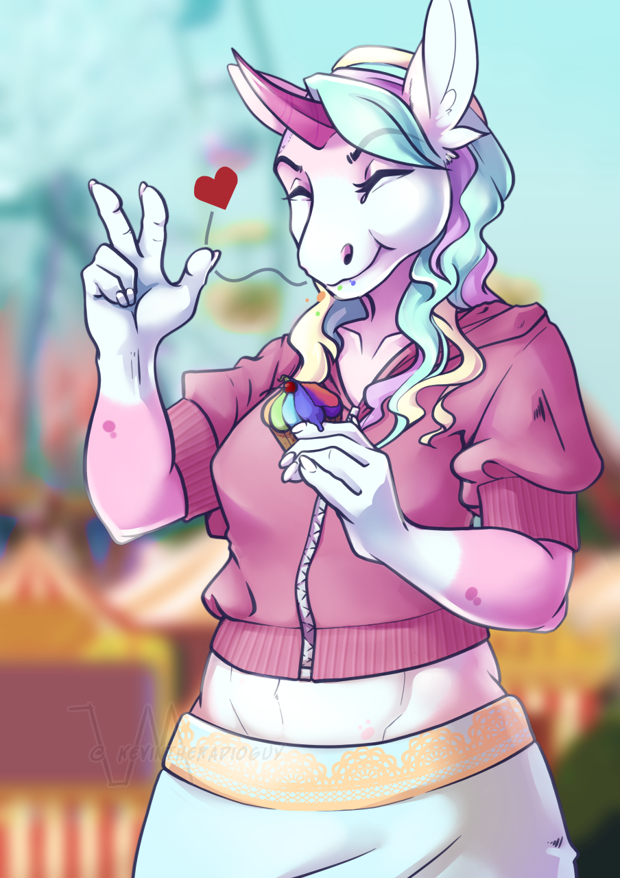 &lt;3 5_fingers anthro blonde_hair blue_hair bottomwear cherry clothed clothing cupcake eating equid equine eyes_closed female fingers food fruit fur hair hi_res hoodie horn kevintheradioguy mammal multicolored_body multicolored_fur multicolored_hair pink_body pink_fur pink_horn plant purple_hair skirt smile solo spots topwear unicorn unicorn_horn white_body white_fur