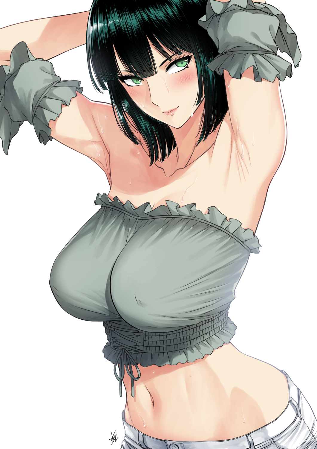 1girl armpits arms_up bangs bare_shoulders black_hair blush breasts closed_mouth collarbone detached_sleeves eyebrows_visible_through_hair frilled_sleeves frills fubuki_(one-punch_man) green_eyes hair_between_eyes highres large_breasts lips looking_at_viewer navel one-punch_man short_hair shorts simple_background smile solo strapless sweat white_background white_shorts xtermination