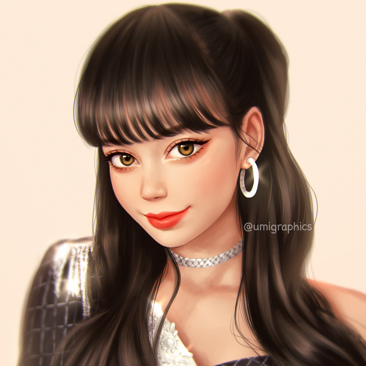 1girl bangs blackpink brown_eyes brown_hair choker earrings hoop_earrings jewelry light_brown_background lips lipstick lisa_(blackpink) long_hair looking_at_viewer makeup portrait smile solo umigraphics