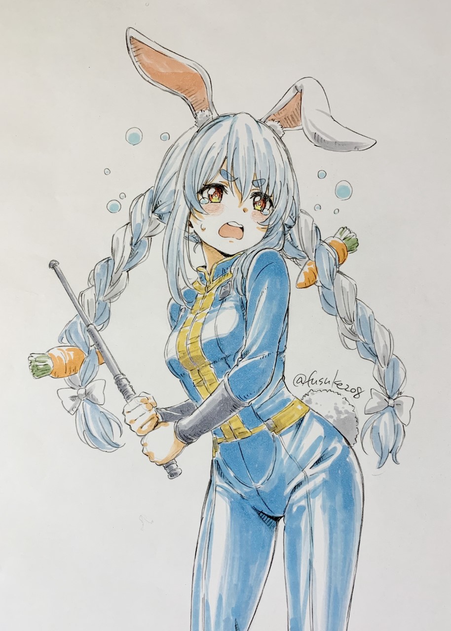 1girl animal_ear_fluff animal_ears blue_bodysuit blue_hair bodysuit bow braid bunny_ears bunny_girl bunny_tail carrot_hair_ornament cosplay expandable_baton food_themed_hair_ornament fuusuke_(fusuke208) grey_background hair_bow hair_ornament highres holding hololive long_hair long_sleeves looking_at_viewer multicolored_hair open_mouth simple_background solo tail twin_braids twintails two-handed two-tone_hair upper_teeth usada_pekora very_long_hair virtual_youtuber wavy_mouth white_bow white_hair