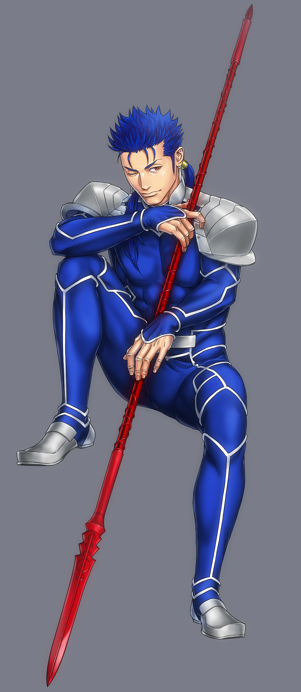 1boy armor beads blue_hair bodysuit bulge claptrack closed_mouth cu_chulainn_(fate)_(all) earrings fate/stay_night fate_(series) full_body gae_bolg grey_background grin hair_beads hair_ornament highres holding holding_polearm holding_weapon jewelry knee_up lancer long_hair looking_to_the_side male_focus muscle one_eye_closed pauldrons polearm ponytail red_eyes shoulder_armor simple_background skin_tight smile solo spiked_hair type-moon weapon