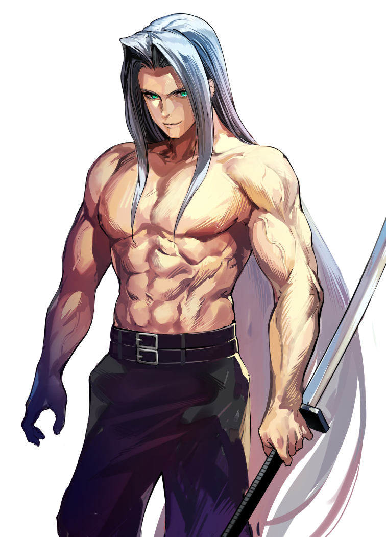 1boy abs belt closed_mouth collarbone final_fantasy final_fantasy_vii green_eyes grey_hair holding holding_sword holding_weapon iku_(ikuchan_kaoru) long_hair male_focus muscle navel open_hand reverse_grip sephiroth shirtless simple_background smile solo sword veins very_long_hair weapon white_background