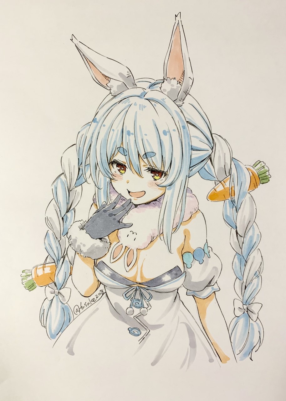 1girl :d animal_ears bangs bare_shoulders black_gloves black_leotard blue_hair blush bow braid breasts brown_eyes bunny_ears carrot_hair_ornament cropped_torso detached_sleeves don-chan_(usada_pekora) dress eyebrows_visible_through_hair food_themed_hair_ornament fur-trimmed_gloves fur_trim fuusuke_(fusuke208) gloves grey_background hair_between_eyes hair_bow hair_ornament hand_up highres hololive leotard long_hair looking_at_viewer medium_breasts multicolored_hair open_mouth puffy_short_sleeves puffy_sleeves short_sleeves simple_background smile strapless strapless_dress strapless_leotard thick_eyebrows twin_braids twintails twitter_username two-tone_hair upper_body usada_pekora very_long_hair virtual_youtuber white_bow white_dress white_hair white_sleeves