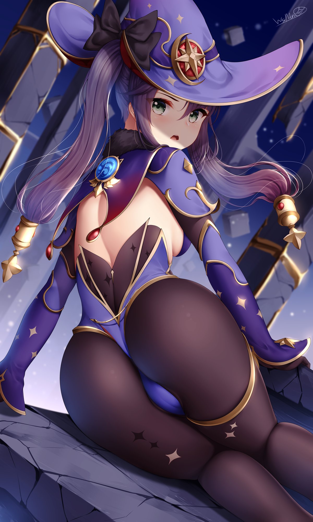 1girl arm_support ass back black_gloves blue_leotard brown_legwear capelet detached_sleeves from_behind genshin_impact gloves gold_trim grey_eyes hat highleg highleg_leotard highres leotard long_hair long_sleeves looking_at_viewer looking_back mona_(genshin_impact) open_mouth pantyhose purple_hair purple_headwear sitting solo thighlet twintails witch_hat wsman