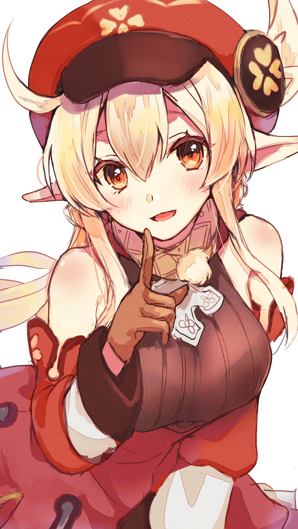 1girl ahoge alternate_costume alternate_hairstyle areolae bangs blonde_hair blush breasts brown_gloves clover detached_sleeves dress feathers four-leaf_clover genshin_impact gloves hair_between_eyes hair_feathers hat highres index_finger_raised klee_(genshin_impact) large_areolae long_hair older open_mouth pointy_ears red_eyes red_headwear sidelocks simple_background sleeveless sleeveless_dress solo tomozero upper_body white_background