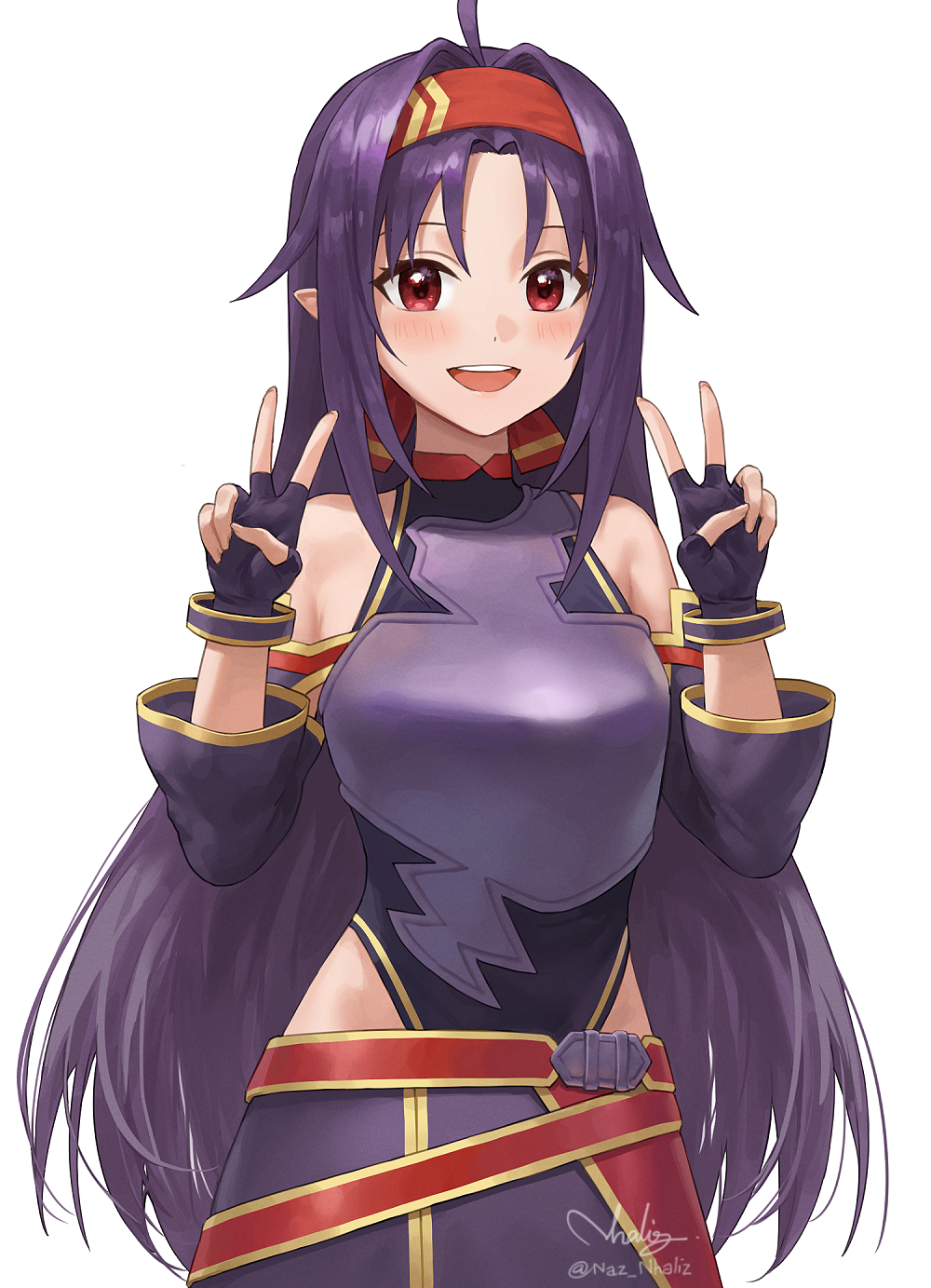 1girl :d ahoge armor bangs bare_shoulders black_gloves blush breastplate commentary_request detached_sleeves double_v fingerless_gloves gloves hair_intakes hairband hands_up headband highres long_hair long_sleeves looking_at_viewer nhaliz open_mouth pointy_ears purple_hair red_eyes red_hairband simple_background smile solo sword_art_online v very_long_hair white_background yuuki_(sao)