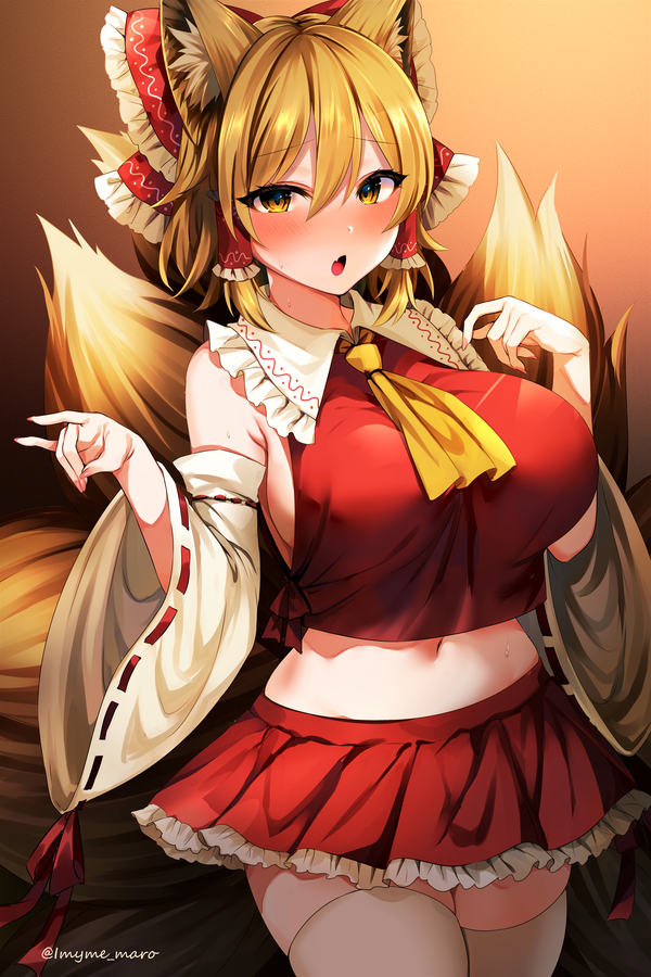 1girl animal_ear_fluff animal_ears artist_name ascot bangs bare_shoulders blonde_hair blush bow breasts brown_background commentary cosplay cowboy_shot crop_top detached_sleeves eyebrows_visible_through_hair fox_ears frilled_bow frilled_shirt_collar frills gradient gradient_background hair_between_eyes hair_bow hair_tubes hakurei_reimu hakurei_reimu_(cosplay) large_breasts long_sleeves looking_at_viewer marota midriff miniskirt navel open_mouth petticoat pleated_skirt red_bow red_skirt ribbon-trimmed_sleeves ribbon_trim short_hair skirt skirt_set solo standing thighhighs thighs touhou twitter_username white_legwear wide_sleeves yakumo_ran yellow_eyes yellow_neckwear