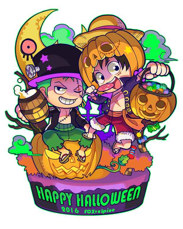 2016 2boys chibi earrings english_text foxvulpine green_hair green_pants halloween halloween_costume hat head_tilt holding_jack-o'-lantern jack-o'-lantern jewelry male_focus monkey_d_luffy multiple_boys one_piece pants red_shorts roronoa_zoro scar scar_across_eye scar_on_chest short_hair shorts smile straw_hat thriller_bark