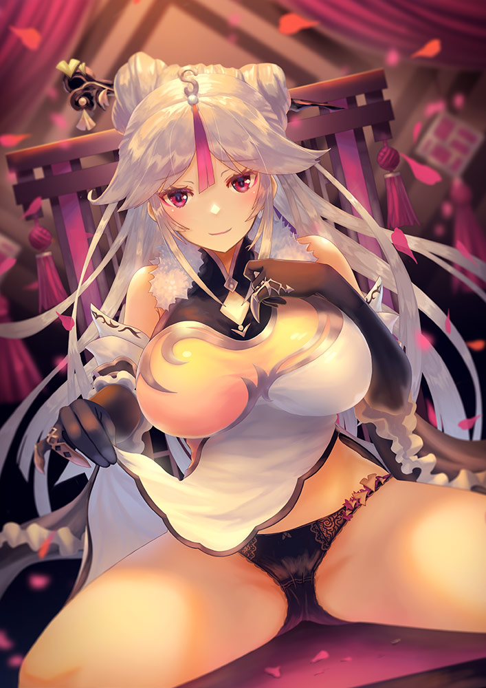 1girl bangs bare_shoulders black_gloves black_panties breasts china_dress chinese_clothes closed_mouth commentary_request dress dress_lift elbow_gloves fur_collar genshin_impact gloves hair_ornament hair_stick hairpin hand_on_own_chest high_collar large_breasts lifted_by_self long_hair looking_at_viewer multicolored multicolored_clothes multicolored_dress ningguang panties parted_bangs petals red_eyes sidelocks sitting smile solo spread_legs tanaka_ken'ichi underwear very_long_hair white_hair yellow_dress