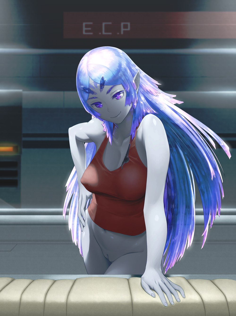 1girl arm_support bangs bare_shoulders blue_hair bottomless breasts cleavage closed_mouth collarbone commission covered_nipples elma_(true_form)_(xenoblade_x) elma_(xenoblade_x) eyebrows_visible_through_hair facial_mark fingernails glowing half-closed_eyes hand_on_hip highres indoors large_breasts light_blue_eyes light_blue_hair long_hair looking_at_viewer natto_soup navel no_bra parted_bangs pointy_ears purple_eyes pussy red_shirt red_tank_top shiny shiny_hair shirt sleeveless smile solo spoilers standing straight_hair tank_top thick_eyebrows very_long_hair xenoblade_chronicles_(series) xenoblade_chronicles_x