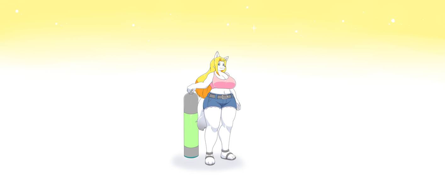 anthro arctic_fox big_breasts blonde_hair blue_eyes bottomwear breasts canid canine clothing eva_(kleiny) female footwear fox funi fur hair huge_breasts mammal sandals shorts simple_background solo standing thick_thighs white_body white_fur