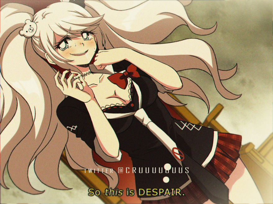 1990s_(style) 1girl bangs bear_hair_ornament black_neckwear black_shirt blonde_hair blush bra breasts chair cleavage collarbone commentary criis-chan danganronpa danganronpa_1 dutch_angle english_text enoshima_junko hair_ornament hands_up large_breasts long_hair miniskirt necktie open_mouth plaid plaid_skirt red_nails red_skirt shirt skirt sleeves_rolled_up solo standing subtitled sweat twintails twitter_username underwear upper_teeth white_neckwear