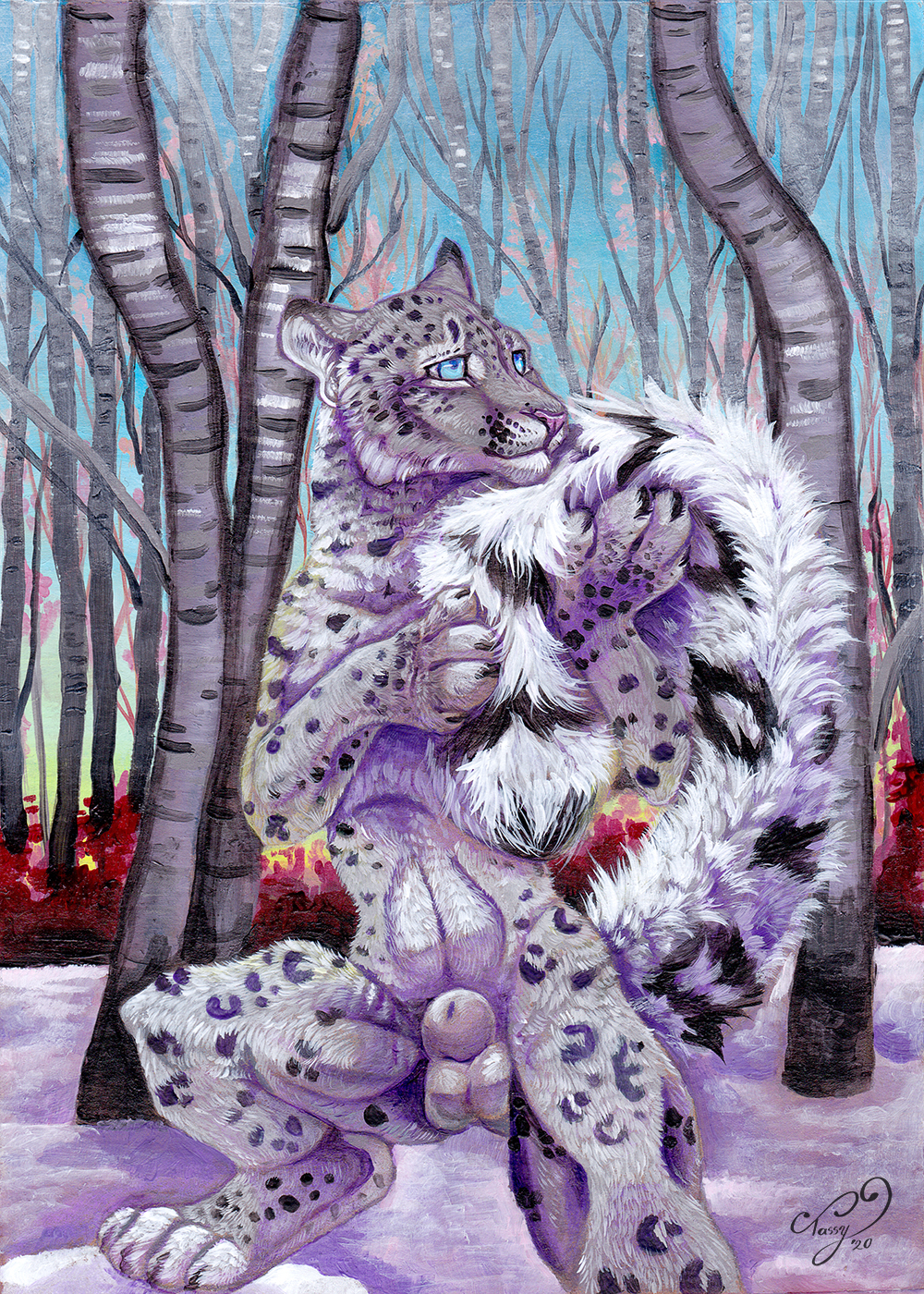 2020 4_toes acrylic_painting_(artwork) animal_genitalia anthro balls barefoot biped black_body black_fur black_spots black_tail blue_eyes blue_sky day detailed_background felid fluffy fluffy_tail forest front_view fully_sheathed fur genitals grey_body grey_fur grey_tail hi_res long_tail male mammal multicolored_tail nude outside painting_(artwork) pantherine pink_nose sheath signature sky snow snow_leopard solo spots spotted_body spotted_fur spotted_tail standing step_pose tail_hug tassy toes traditional_media_(artwork) tree white_balls white_body white_fur white_sheath white_tail