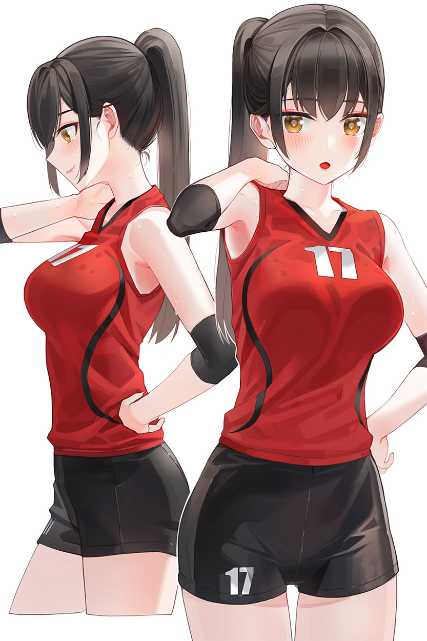 1girl arm_up armpits bangs bare_shoulders black_hair black_shorts blush breasts brown_hair collarbone cropped_legs elbow_sleeve eyebrows_visible_through_hair from_side hand_on_hip highres jersey kfr large_breasts long_hair looking_at_viewer multiple_views open_mouth orange_eyes original ponytail profile red_shirt shirt short_shorts shorts sidelocks simple_background sleeveless sleeveless_shirt smile sportswear sweat thighs volleyball_uniform white_background yellow_eyes