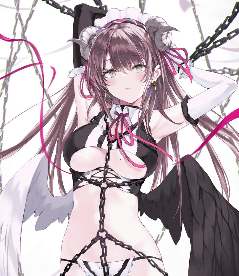 1girl angel_wings armpits arms_up bare_shoulders black_gloves black_shirt breasts brown_hair chain clothing_cutout cowboy_shot crop_top curled_horns demon_horns earrings elbow_gloves feathered_wings gloves green_eyes horns jewelry large_breasts long_hair looking_at_viewer midriff mole mole_on_breast nanananana neck_ribbon original panties parted_lips restrained ribbon shirt simple_background sleeveless sleeveless_shirt solo stomach string_panties underboob underboob_cutout underwear white_background white_gloves wing_collar wings